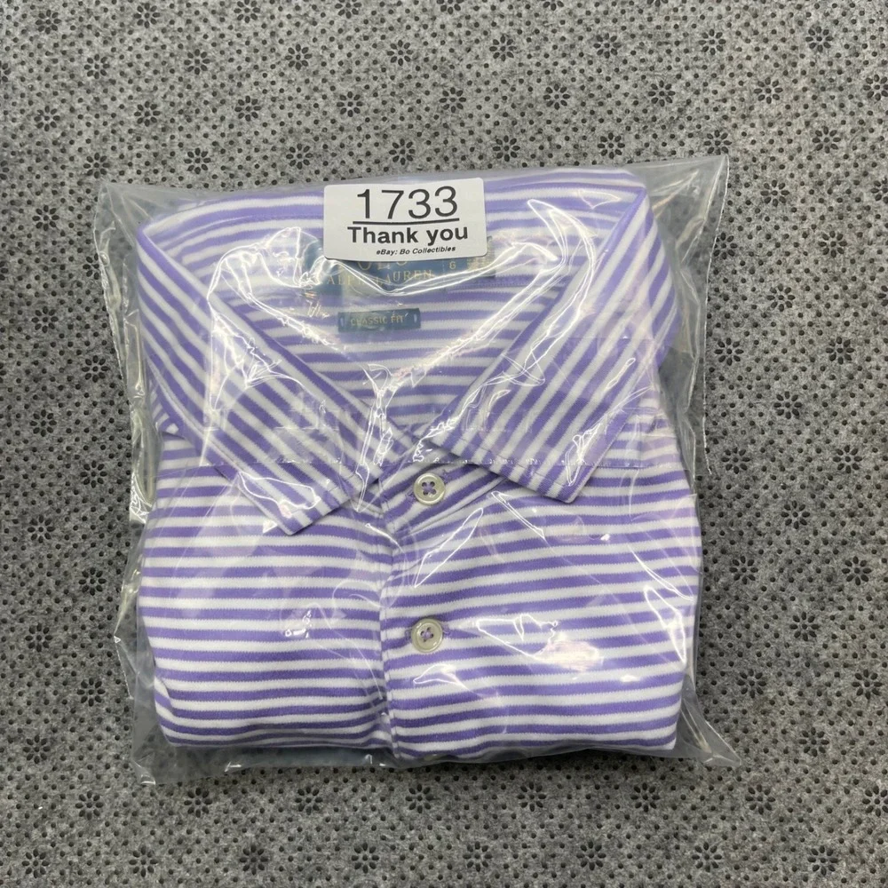 Polo Ralph Lauren Mens Large Purple White Striped Classic Fit Cotton Polo Shirt
